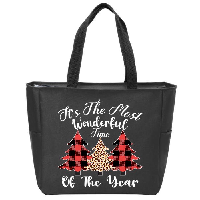 Christmas Trees It's The Most Wonderful Time Of The Year Plaid Leopard Trees Zip Tote Bag