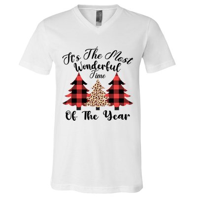 Christmas Trees It's The Most Wonderful Time Of The Year Plaid Leopard Trees V-Neck T-Shirt