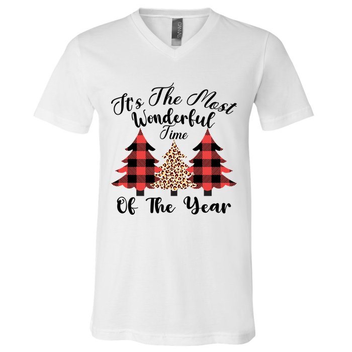 Christmas Trees It's The Most Wonderful Time Of The Year Plaid Leopard Trees V-Neck T-Shirt