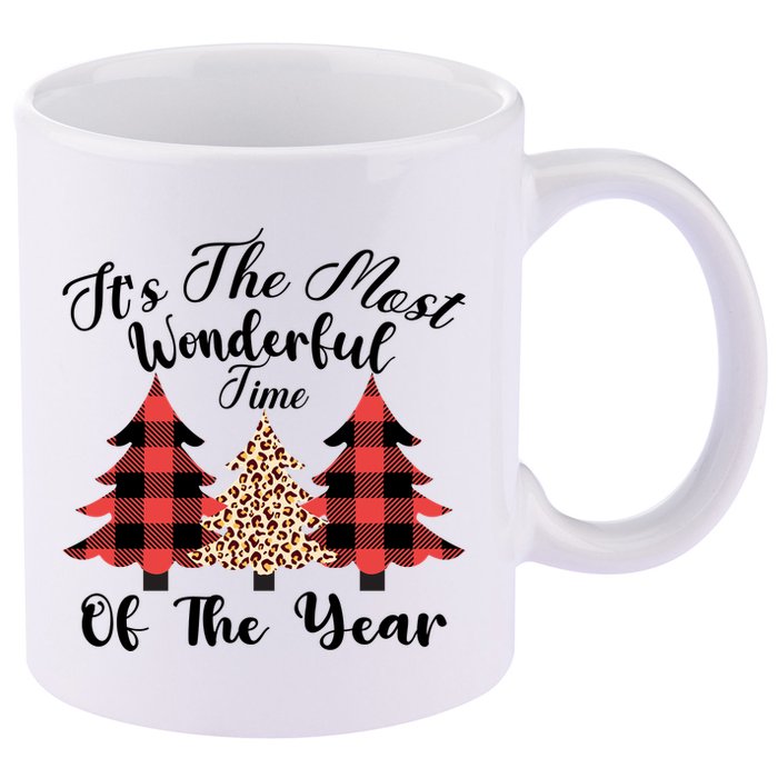 Christmas Trees It's The Most Wonderful Time Of The Year Plaid Leopard Trees 11oz C Handle Ceramic Mug