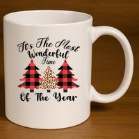 Christmas Trees It's The Most Wonderful Time Of The Year Plaid Leopard Trees 11oz C Handle Ceramic Mug
