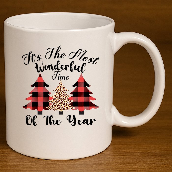 Christmas Trees It's The Most Wonderful Time Of The Year Plaid Leopard Trees 11oz C Handle Ceramic Mug