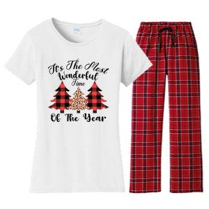 Christmas Trees It's The Most Wonderful Time Of The Year Plaid Leopard Trees Women's Flannel Pajama Set