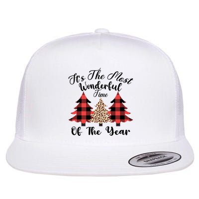 Christmas Trees It's The Most Wonderful Time Of The Year Plaid Leopard Trees Flat Bill Trucker Hat