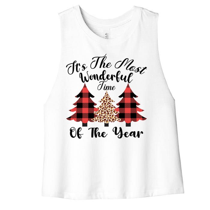 Christmas Trees It's The Most Wonderful Time Of The Year Plaid Leopard Trees Women's Racerback Cropped Tank