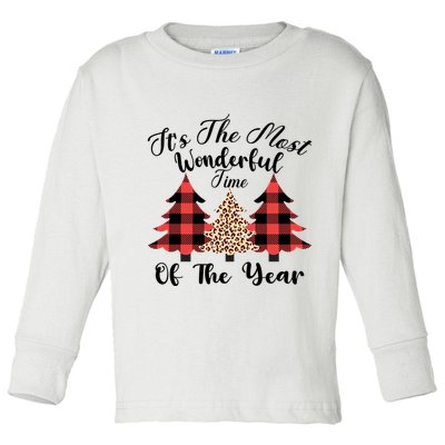 Christmas Trees It's The Most Wonderful Time Of The Year Plaid Leopard Trees Toddler Long Sleeve Shirt