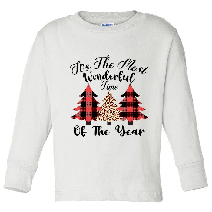 Christmas Trees It's The Most Wonderful Time Of The Year Plaid Leopard Trees Toddler Long Sleeve Shirt