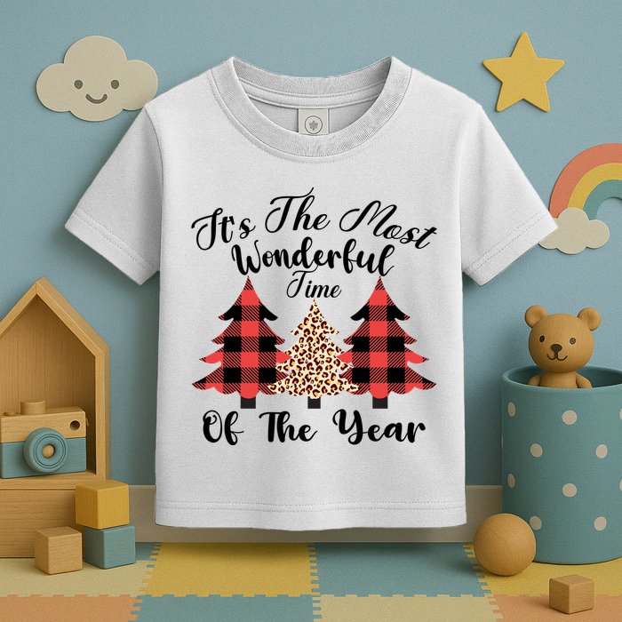 Christmas Trees It's The Most Wonderful Time Of The Year Plaid Leopard Trees Toddler T-Shirt