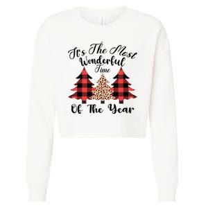 Christmas Trees It's The Most Wonderful Time Of The Year Plaid Leopard Trees Cropped Pullover Crew