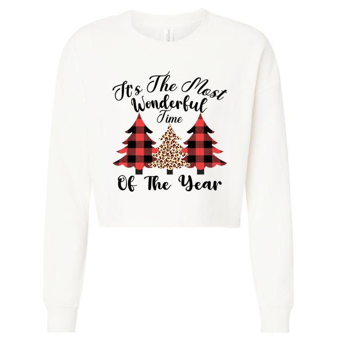 Christmas Trees It's The Most Wonderful Time Of The Year Plaid Leopard Trees Cropped Pullover Crew