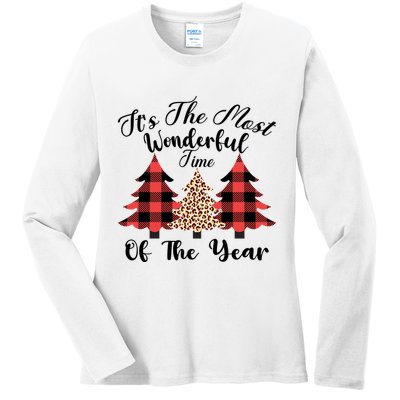 Christmas Trees It's The Most Wonderful Time Of The Year Plaid Leopard Trees Ladies Long Sleeve Shirt