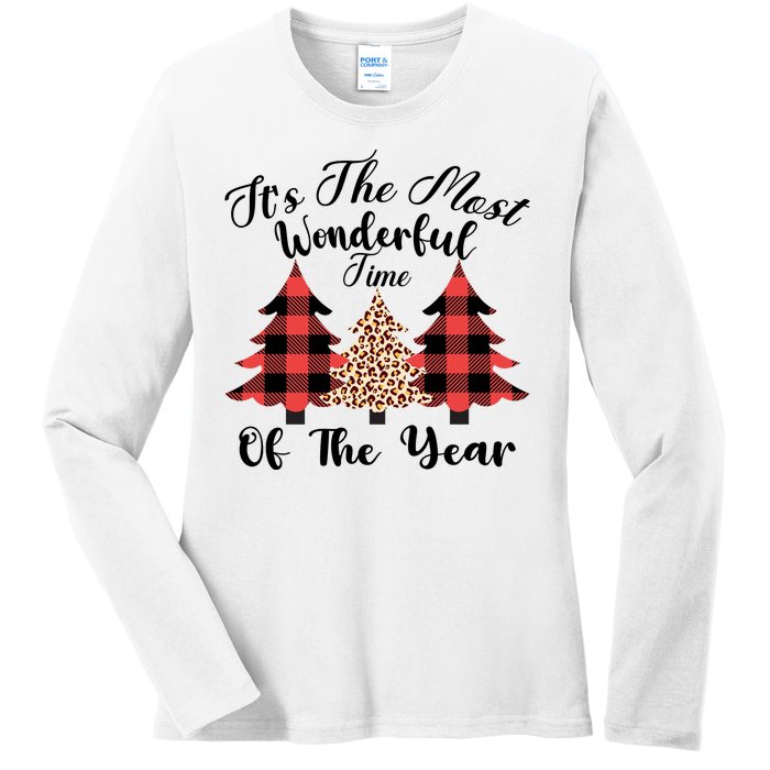 Christmas Trees It's The Most Wonderful Time Of The Year Plaid Leopard Trees Ladies Long Sleeve Shirt