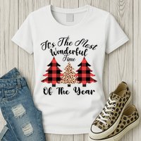 Christmas Trees It's The Most Wonderful Time Of The Year Plaid Leopard Trees Womens T-Shirt
