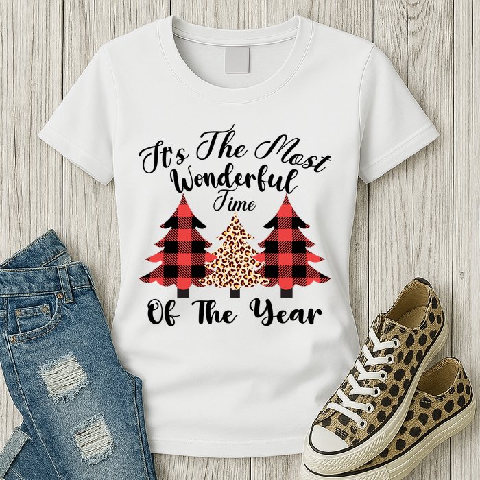 Christmas Trees It's The Most Wonderful Time Of The Year Plaid Leopard Trees Womens T-Shirt