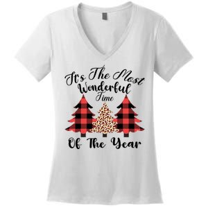 Christmas Trees It's The Most Wonderful Time Of The Year Plaid Leopard Trees Women's V-Neck T-Shirt