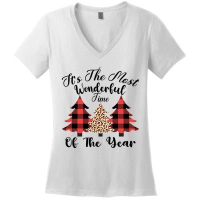 Christmas Trees It's The Most Wonderful Time Of The Year Plaid Leopard Trees Women's V-Neck T-Shirt
