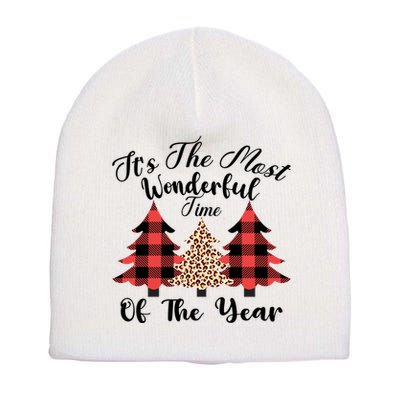 Christmas Trees It's The Most Wonderful Time Of The Year Plaid Leopard Trees Short Acrylic Beanie
