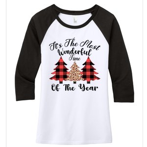 Christmas Trees It's The Most Wonderful Time Of The Year Plaid Leopard Trees Women's Tri-Blend 3/4-Sleeve Raglan Shirt