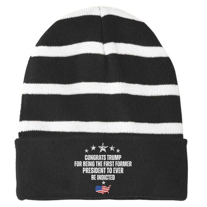 Congrats Trump Indicted, Funny Trump Indictment Striped Beanie with Solid Band