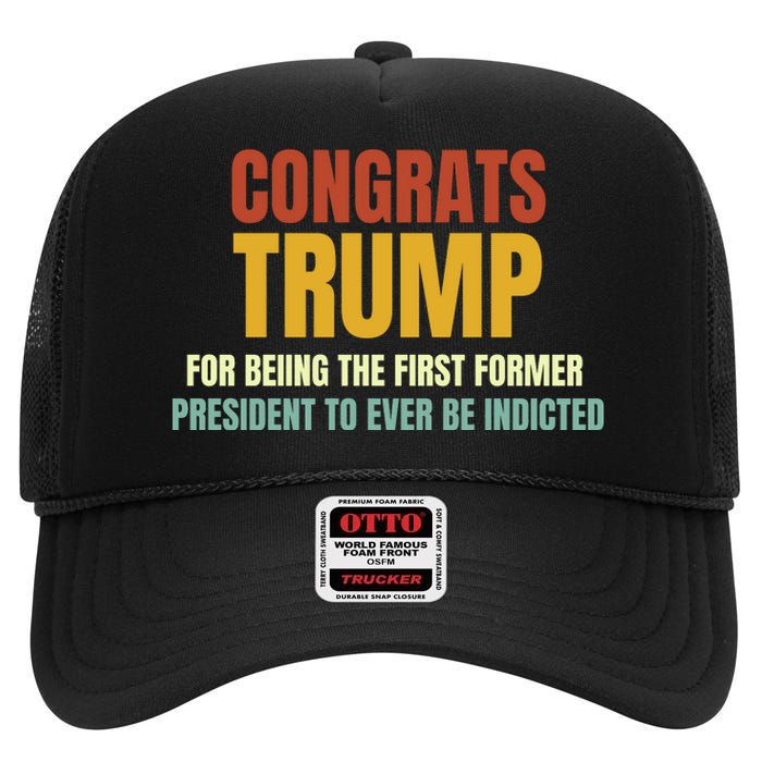 Congrats Trump Indicted, Retro Funny Political High Crown Mesh Back Trucker Hat