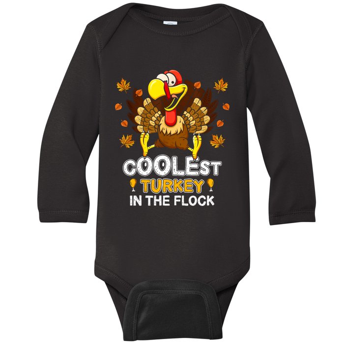 Cutest Turkey In The Flock Retro Toddler Girls Funny Thanksgiving Baby Long Sleeve Bodysuit