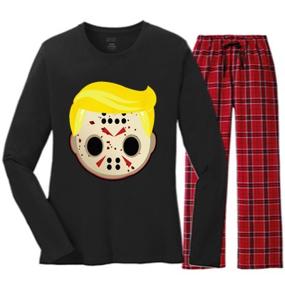 Cute Trump In Hockey Mask Funny Halloween Horror Women's Long Sleeve Flannel Pajama Set 