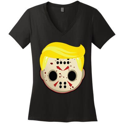 Cute Trump In Hockey Mask Funny Halloween Horror Women's V-Neck T-Shirt