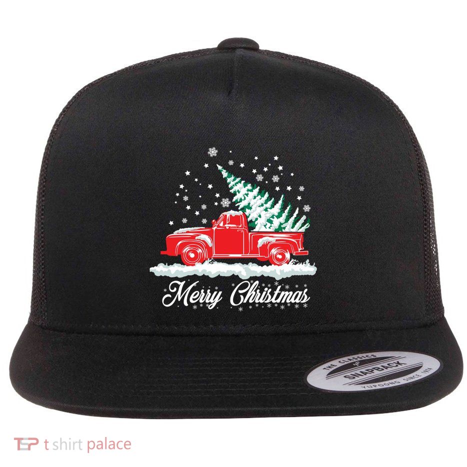 Christmas Tree In Back Of Old Red Pick Up Truck Snowing Flat Bill Trucker Hat