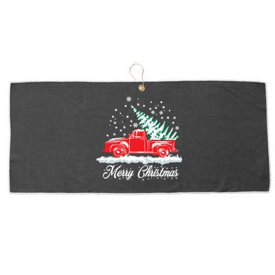 Christmas Tree In Back Of Old Red Pick Up Truck Snowing Large Microfiber Waffle Golf Towel