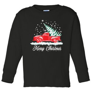 Christmas Tree In Back Of Old Red Pick Up Truck Snowing Toddler Long Sleeve Shirt