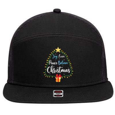 Christmas Tree Joy Love Peace Believe Funny Party Holiday Cool Gift 7 Panel Mesh Trucker Snapback Hat