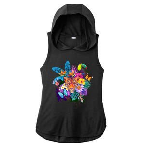 Colorful Tropical Jungle Animals Ladies PosiCharge Tri-Blend Wicking Draft Hoodie Tank