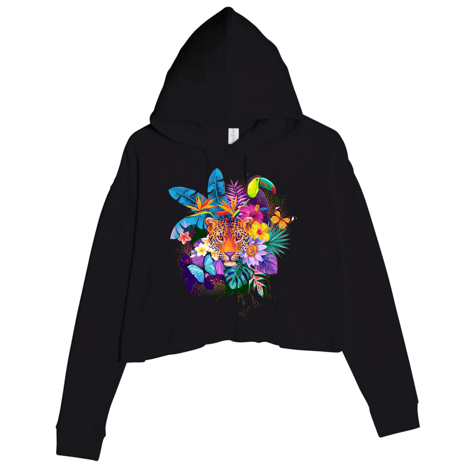 Colorful Tropical Jungle Animals Crop Fleece Hoodie