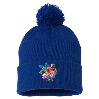 Colorful Tropical Jungle Animals Pom Pom 12in Knit Beanie