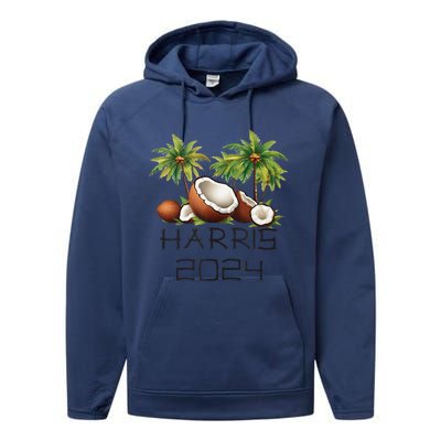 Coconut Tree Kamala Harris 2024 President Vote Blue Performance Fleece Hoodie