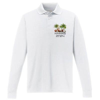 Coconut Tree Kamala Harris 2024 President Vote Blue Performance Long Sleeve Polo