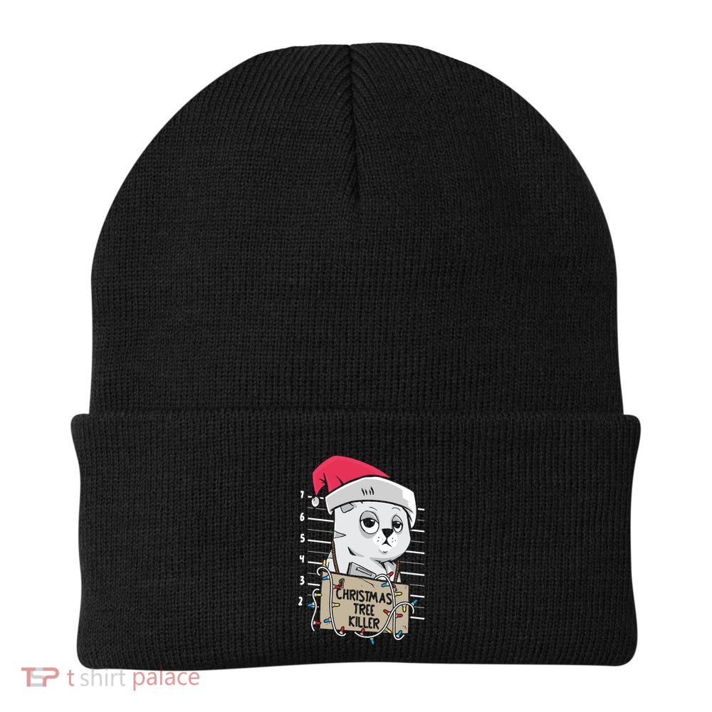 Christmas Tree Killer Mugshot Funny Cat Lover Xmas Funny Gift Knit Cap Winter Beanie