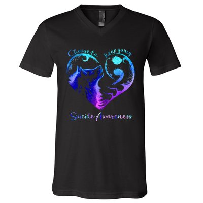 Choose To Keep Going Heart Wolf Suicide Awareness V-Neck T-Shirt