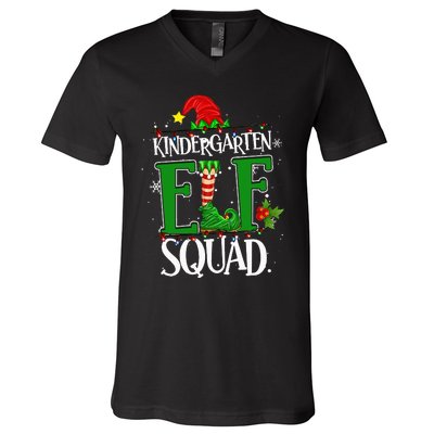 Christmas Teacher Kindergarten Elf Squad Xmas Lights Pajamas V-Neck T-Shirt