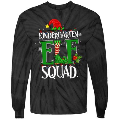 Christmas Teacher Kindergarten Elf Squad Xmas Lights Pajamas Tie-Dye Long Sleeve Shirt