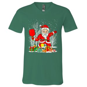 Christmas Tree Lights Funny Santa Playing Pickleball Xmas Gift V-Neck T-Shirt