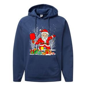 Christmas Tree Lights Funny Santa Playing Pickleball Xmas Gift Performance Fleece Hoodie