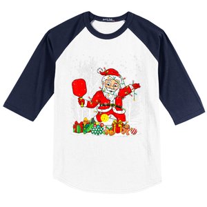 Christmas Tree Lights Funny Santa Playing Pickleball Xmas Gift Baseball Sleeve Shirt