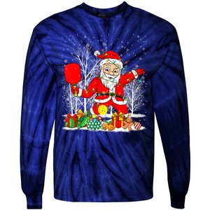 Christmas Tree Lights Funny Santa Playing Pickleball Xmas Gift Tie-Dye Long Sleeve Shirt