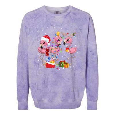 Christmas Tree Lights Holiday Santa Flamingo Christmas Hat Gift Colorblast Crewneck Sweatshirt