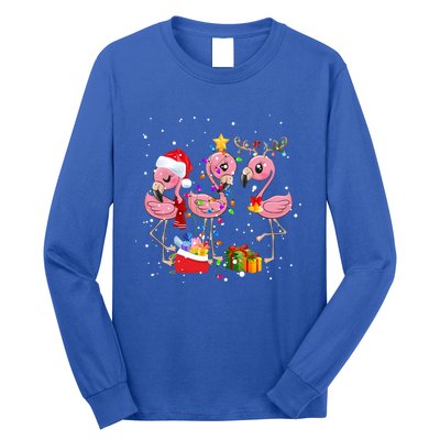 Christmas Tree Lights Holiday Santa Flamingo Christmas Hat Gift Long Sleeve Shirt