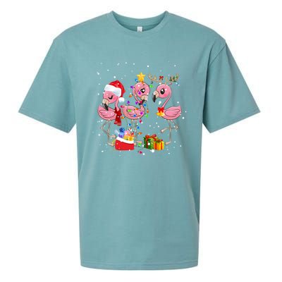 Christmas Tree Lights Holiday Santa Flamingo Christmas Hat Gift Sueded Cloud Jersey T-Shirt