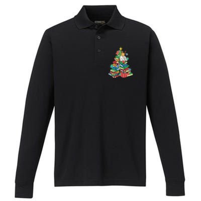 Christmas Tree Library Xmas Lights Tree Book Lover Librarian Cute Gift Performance Long Sleeve Polo