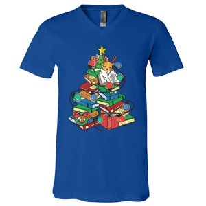 Christmas Tree Library Xmas Lights Tree Book Lover Librarian Cute Gift V-Neck T-Shirt