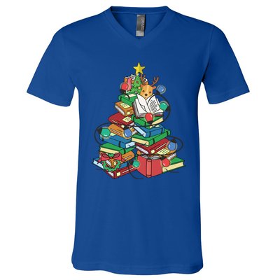 Christmas Tree Library Xmas Lights Tree Book Lover Librarian Cute Gift V-Neck T-Shirt